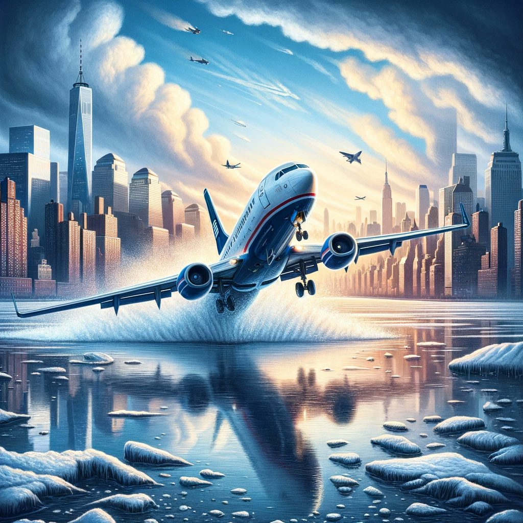 US Airways Flight 1549's emergency landing on the Hudson River, moments before touching the icy water, with the New York City skyline in the background, embodying tension, skill, and calm