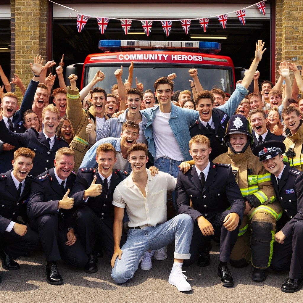 Graphic illustrating that brings together young police officers and firefighters in a formal group photo in front of a fire station, embodying unity and partnership. Westfield New Jersey"