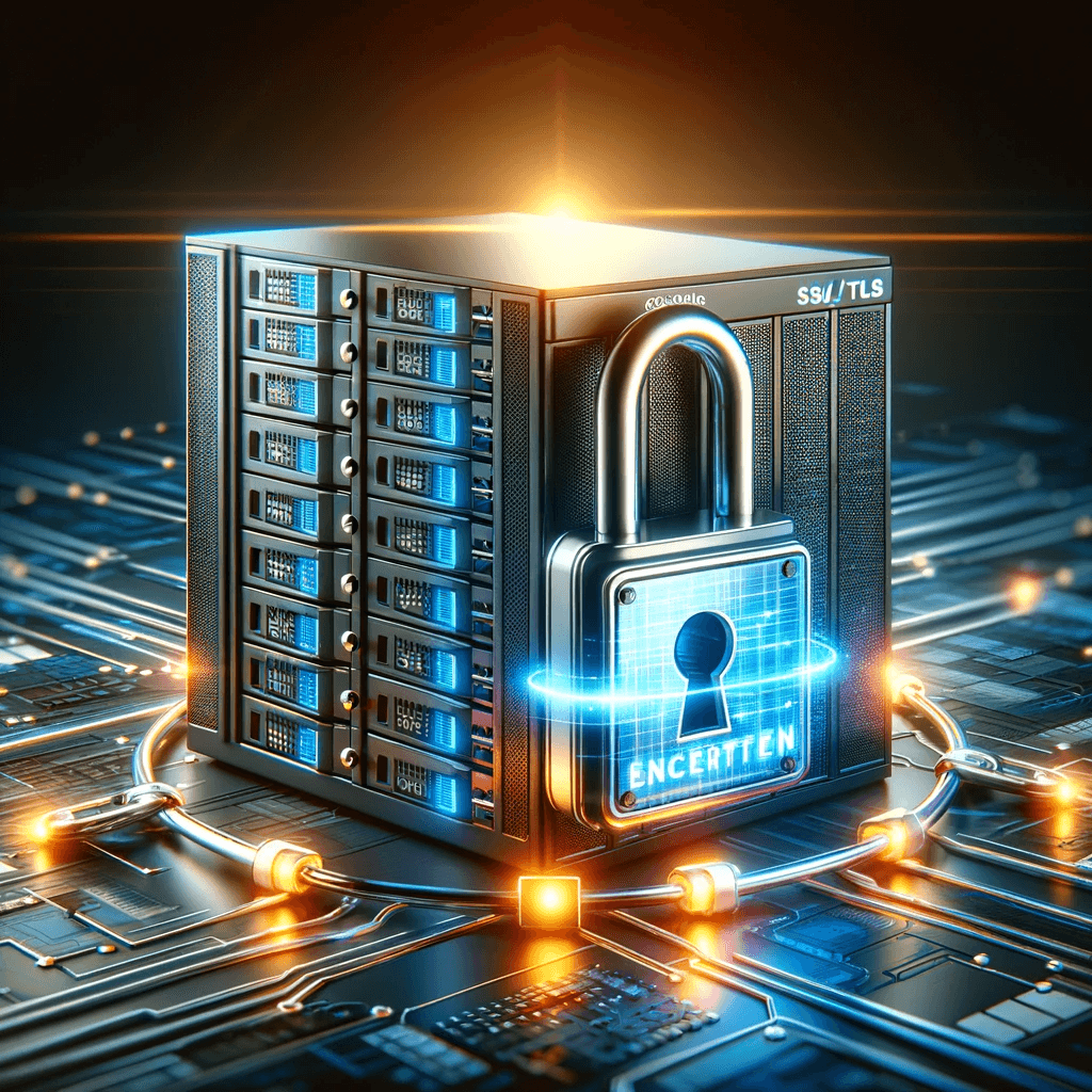 Illustration of a web server and a padlock connected by a secure link, symbolizing SSL/TLS encryption in a digital-themed background.