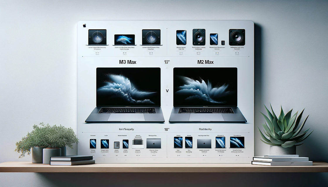 Graphic illustrating the 16" MacBook Pro M3 Max vs M2 Max. The background is a vibrant blue, with a quote in bold white letters "16" MacBook Pro M3 Max vs M2 Max - Comprehensive Specifications Comparison.