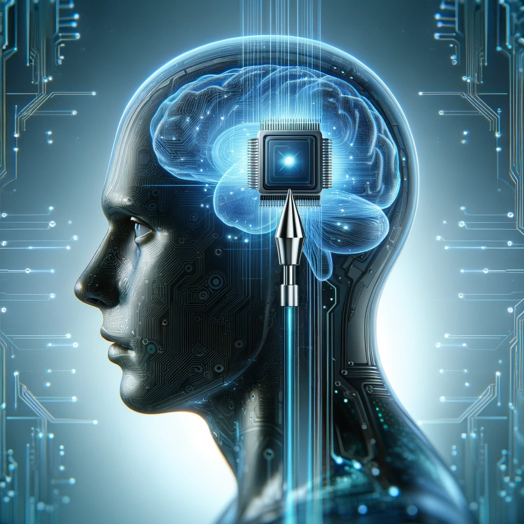 Graphic illustrating the Neuralink logo and a brain interface. The background is a vibrant blue, with a quote in bold white letters "Revolutionizing the Mind The Dawn of Neuralink Brain Interfaces."