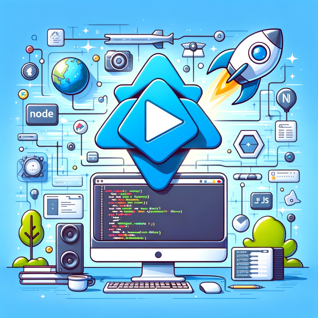 Graphic illustrating the Node.js logo and a code snippet. The background is a vibrant blue, with a quote in bold white letters "Node.js A powerful tool for building fast, scalable web applications."