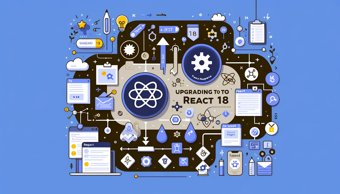 Graphic illustrating the upgrade process to React 18 in SonarQube. Features the SonarQube logo and icons for React 17 and 18, TypeScript, Jest, and React Testing Library. Includes a flowchart showing steps like updating types, fixing tests, and addressing breaking changes. Designed in a professional, tech-oriented style